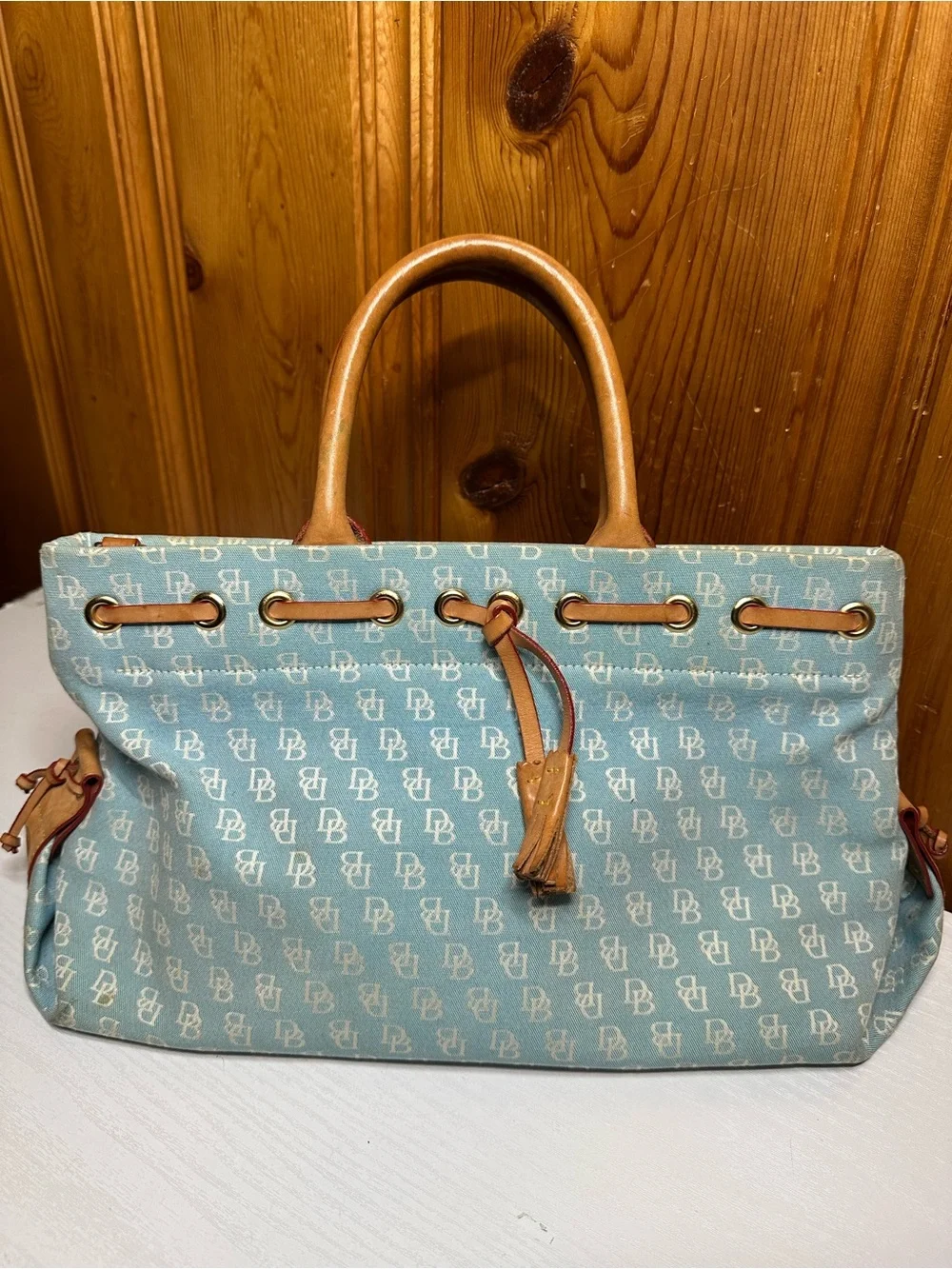 Dooney & Bourke Light Blue Monogram Drawstring Tote with Tan Trim